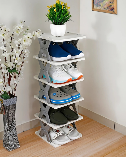 5 Layer Shoe Rack For Home Plastic, Adjustable Stand Organizer Stackable Storage Bedroom Entryway Shelf Footwear Collapsible Corner Tower Shoes And Book Slots Rack (5-Layer Box)